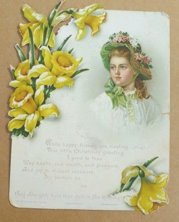 ORIGINAL VICTORIAN CHRISTMAS CARD DIE CUT DAFFODILS GIRL IN BONNET VERSE