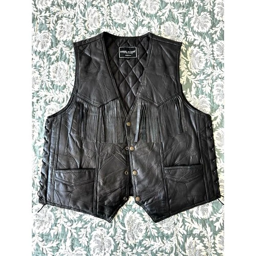 REBEL RIDER Black Genuine Leather Fringe Western Motorcycle Biker Harley Vest L - product listing photo