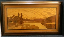 Vintage Framed Marquetry Wooden Inlaid Landscape Cabin Near The Mountain & River