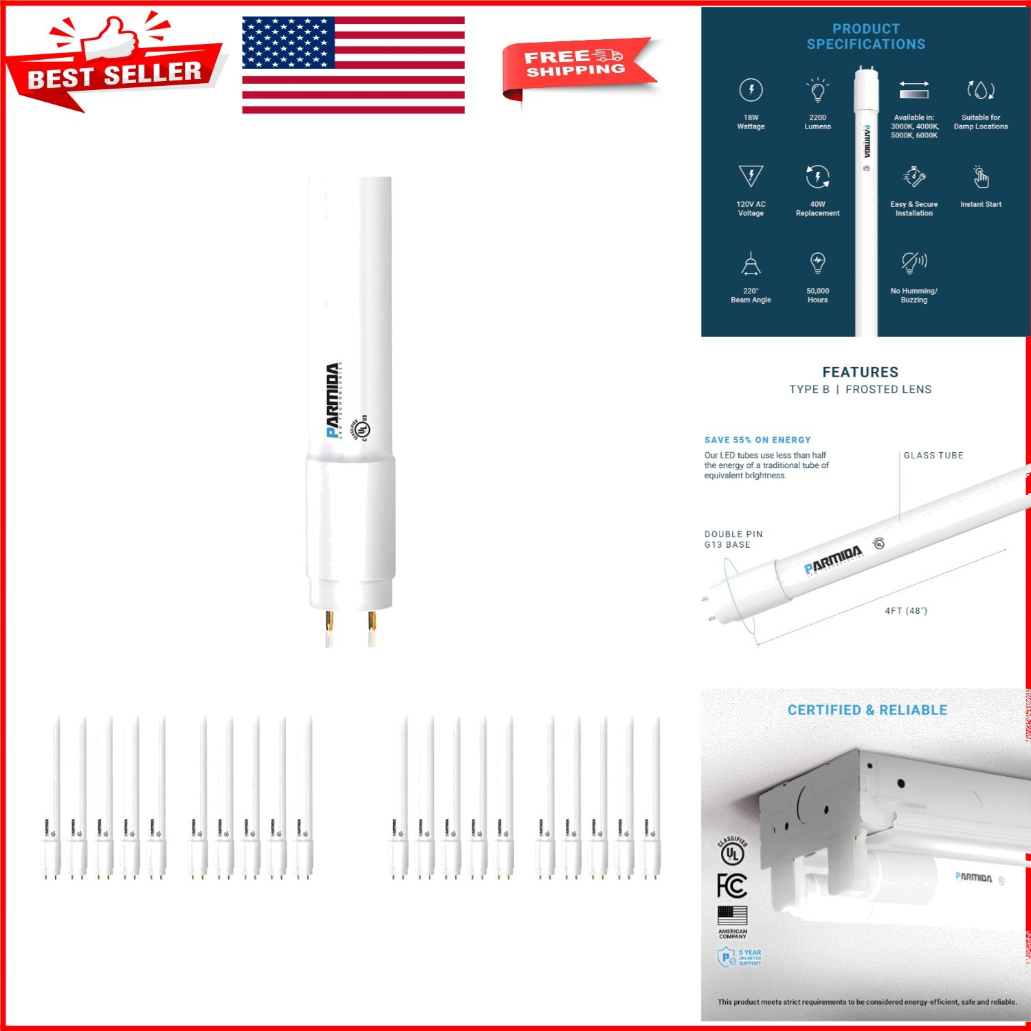 Frosted Lens LED T8 Light Tubes - 20-Pack, 18W, 5000K, Effortless Installation