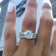 14k White Gold Over Bridal Set 3ct Diamond Round Engagement Ring Wedding Band