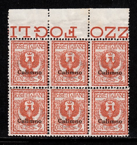 ITALY (CALINO) — SCOTT 1 — 1912 2c CALIMNO OVERPRINT BLOCK OF 6 — MNH — SCV $90 - Picture 1 of 2
