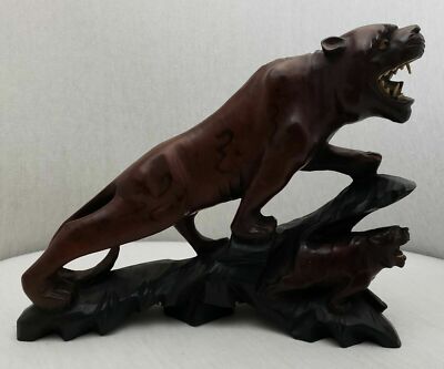 Antique Wood Carved Chinese Tigers Statue Redwood Vintage Glass Eyes Asian RARE