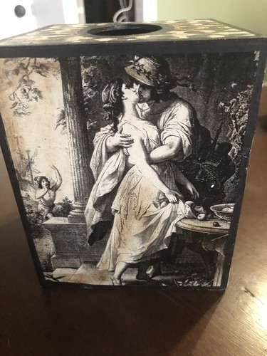 ANTIQUE STYLE FRENCH/ITALIAN SQUARE TISSUE BOX HOLDER SEPIA ANGELS/KISSING COUPL - Picture 3 of 7