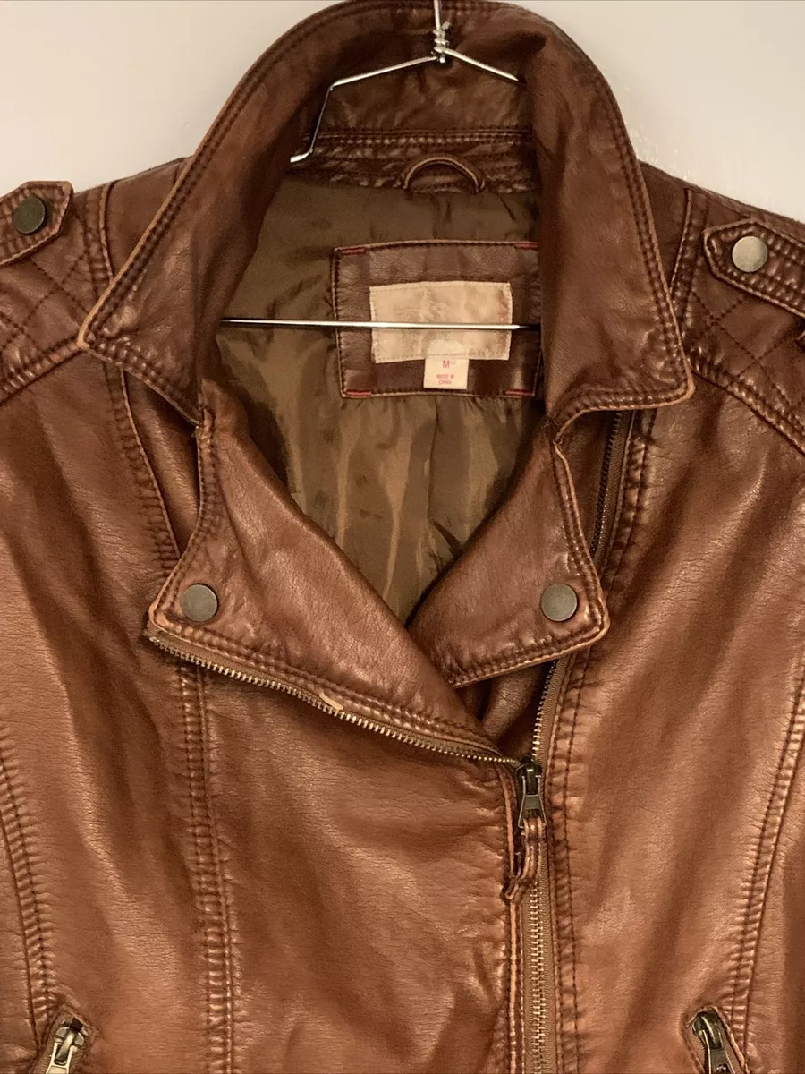 Vintage XHILARATION Brown FAUX LEATHER Moto BIKER Zip Pocket Jacket M