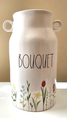 Rae Dunn Bouquet Spring Flowers Milk Jug Ceramic Vase White With Handles