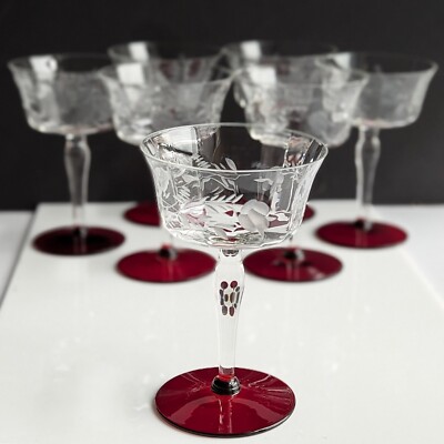 CRYSTAL Wine / Dessert Glasses Etched Ruby Red Base Set of 7 Good Condition