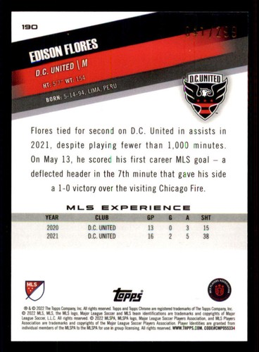 2022 Topps Chrome MLS Aqua Refractors #190 Edison Flores /299 - Picture 2 of 2