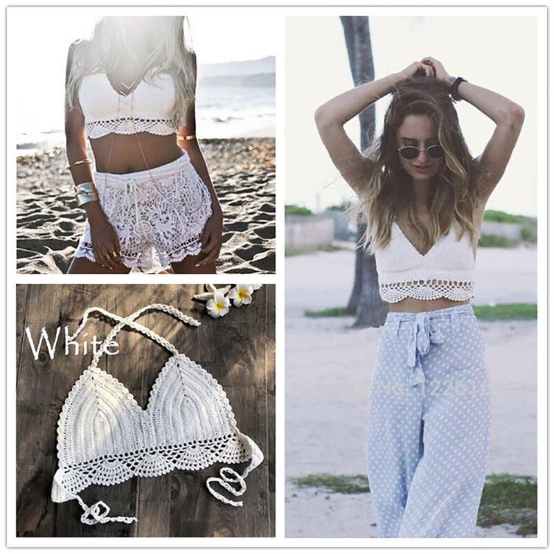 Women Bikini Crop Top Crochet Boho Bralette Halter Cami Knitted Bra Tank  T-RI