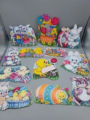12 Vintage '70s? Small Easter Spring Die Cut Decorations Unbranded 3-8'' READ