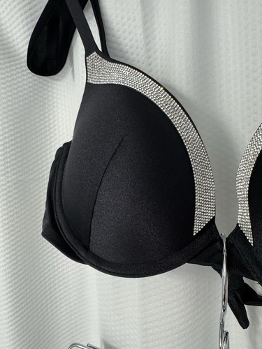 NWT 34C Victoria Secret Swim PushUp ShineTop/M Brazilian Bikini Bottom Black Set - Picture 3 of 10
