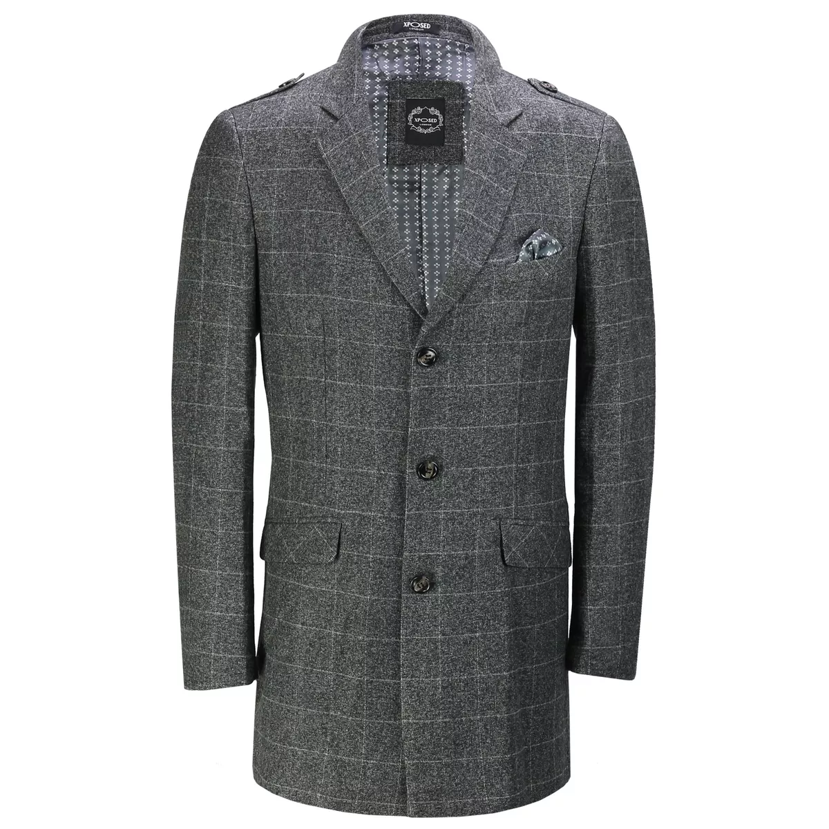 Mens Grey Tweed Check 3 4 Long Overcoat Jacket Retro Smart Formal
