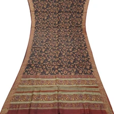 Namaste Vintage Black Sarees 100% Pure Silk Floral Printed Sari 6YD Craft Fabric