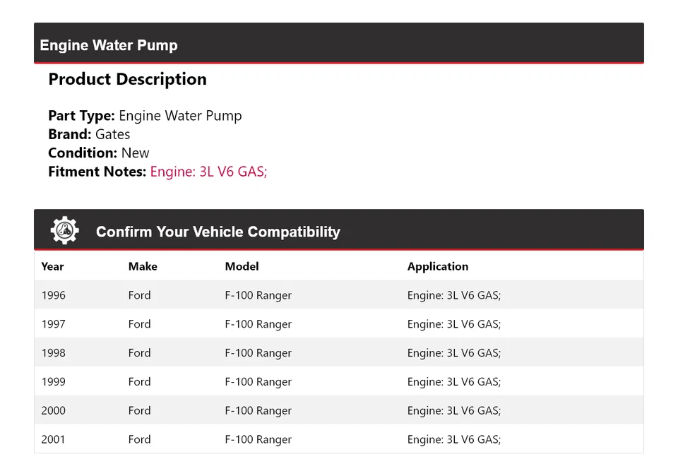For 1996-2001 Ford F-100 Ranger 3L V6 GAS Engine Water Pump Gates 1997 1998 1999 - Image 2 of 4