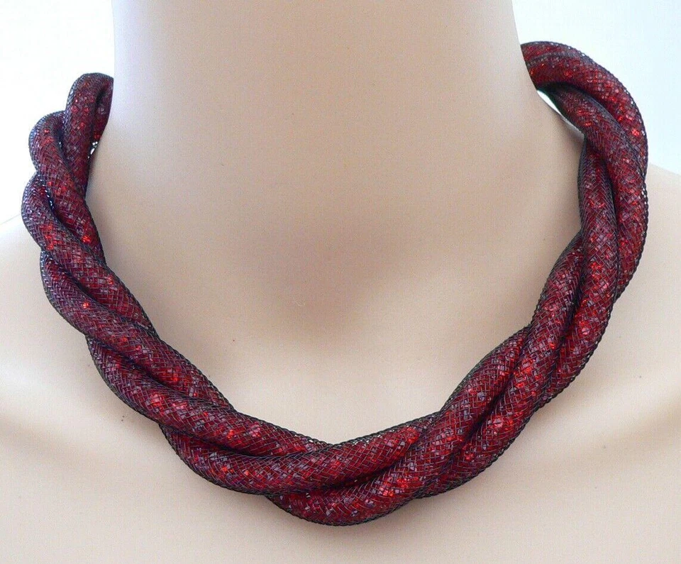 Statement Kette Mesh Schlauch 3fach gedreht Kristalle Light Siam rot Magnet 286 - Bild 2 von 4