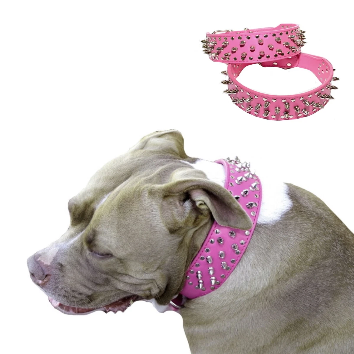 Large Dog Collar Studded Hot Pink Leather M L XL 5cm Wide Staffy