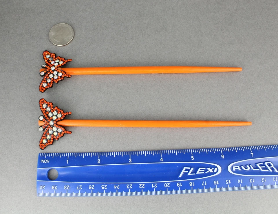Naranja Juego de 2 Palitos de Picar Pelo Mariposa Madera Picos Alfileres Impresión 7 1/8" Largo Foto 4 de 4