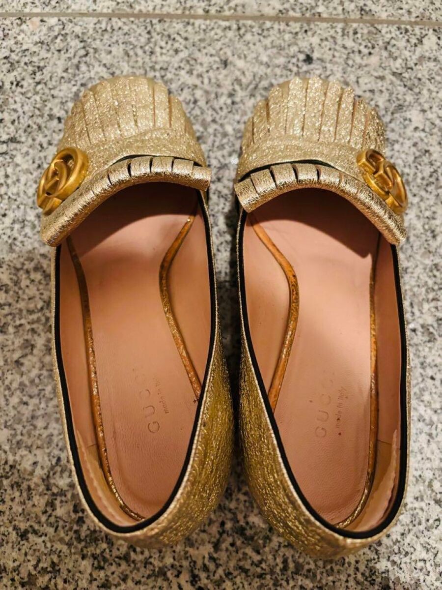 GUCCI Pumps Heel GG Marmont Fringe Leather Gold EU36/US6 GUCCI Pumps Heel GG Marmont Fringe Leather Gold EU36/US6