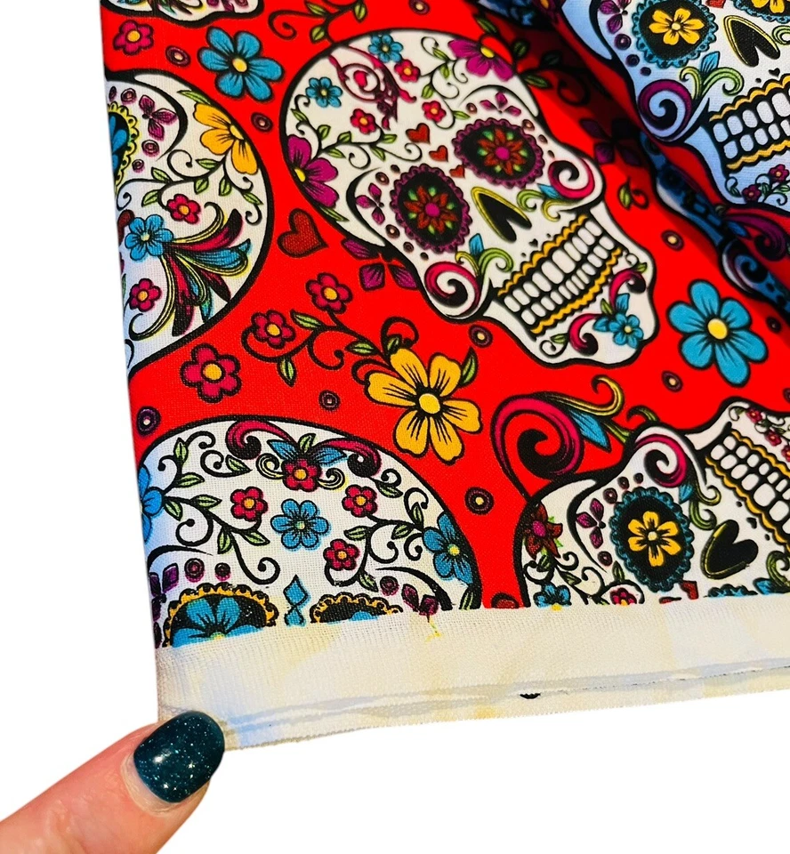 David Textiles Red Sugar Skull Flowers Fabric 66" x 44" Day Of The Dead - Image 3 of 3
