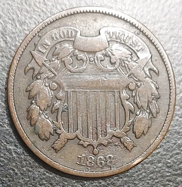 1868 US Two Cent 2c Piece 2 Cents Shield Motto Post Civil War Historical Coin - Image 3 of 4