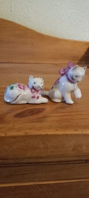 Two Vintage Mini Hand-Painted Cat figurines. W/Delicate Floral Decoration.