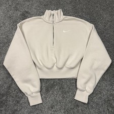 Nike Sweatshirt Women XS Tan Beige Sweater Logo Cropped Gym Collared Swoosh