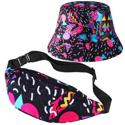 2-Pack 80s 90s Fanny Pack Bucket Hats Set Men Women Retro Summer Sports