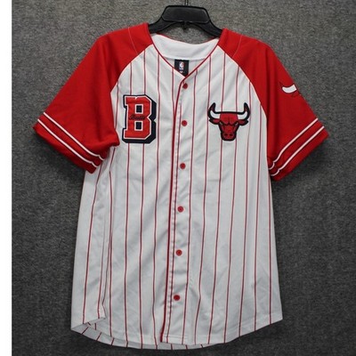 NBA Chicago Bulls Button Up Jersey Mens Small Embroidered Logo Striped White Red