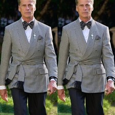 Tweed Herringbone Men's Suits Shawl Lapel Belted Jacket Formal Prom Host Jackets