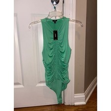 New EXPRESS Ruched Bodysuit Green Sleeveless Body Contour Snap Closure Size S