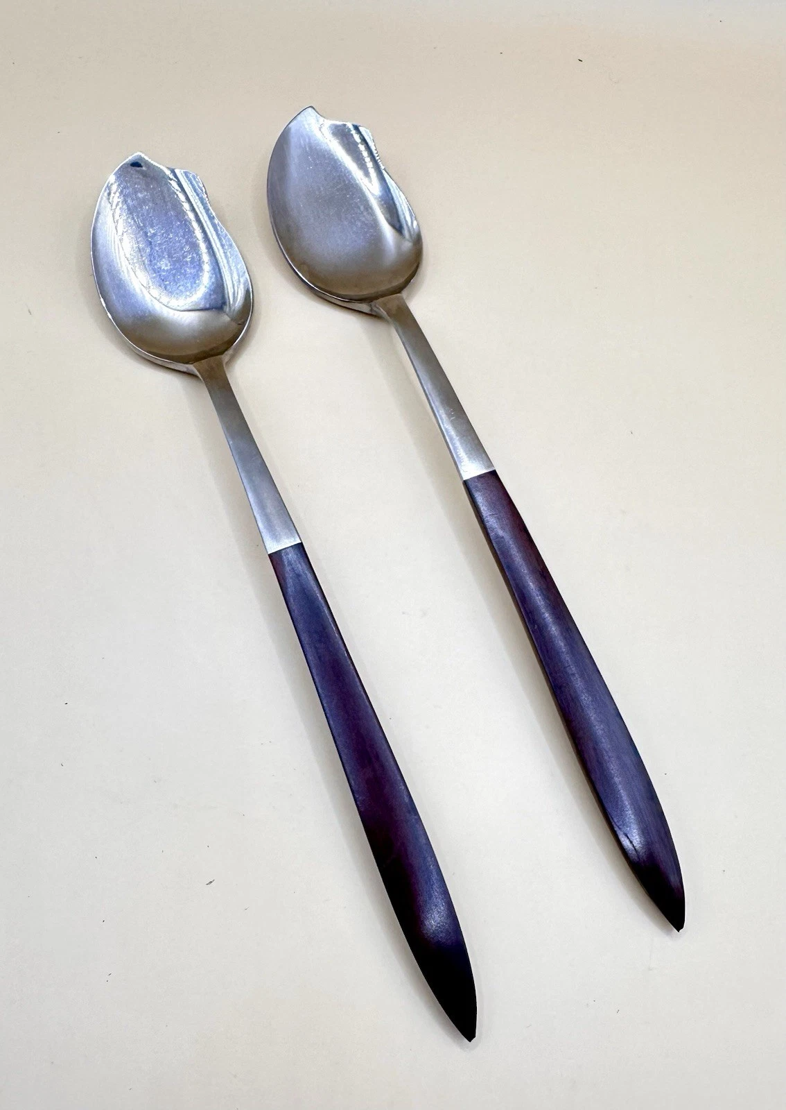 Vintage Epic Japan Salad Servers Wood Handle Forged Stainless MCM 12" Set