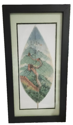 vtg Chinese Banyan Leaf Vein framed wall art GREAT WALL OF CHINA 12 '' x 6 1/2''