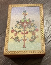 Vintage Inlaid Brass Wooden Hinged Lined Jewelry Trinket Box Resin Tree Of Life