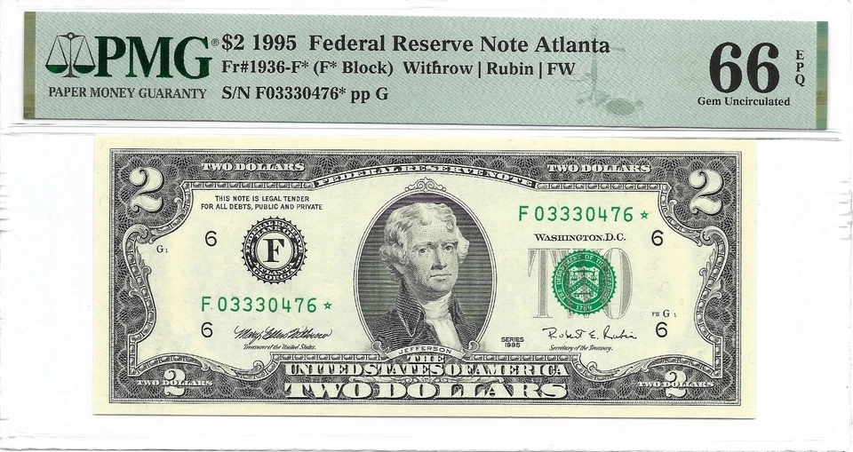 1995 $2 ATLANTA * STAR * ⭐️ FRNs. 3 PMG GEM Uncirculated 66 EPQ Banknotes - Image 2 of 4