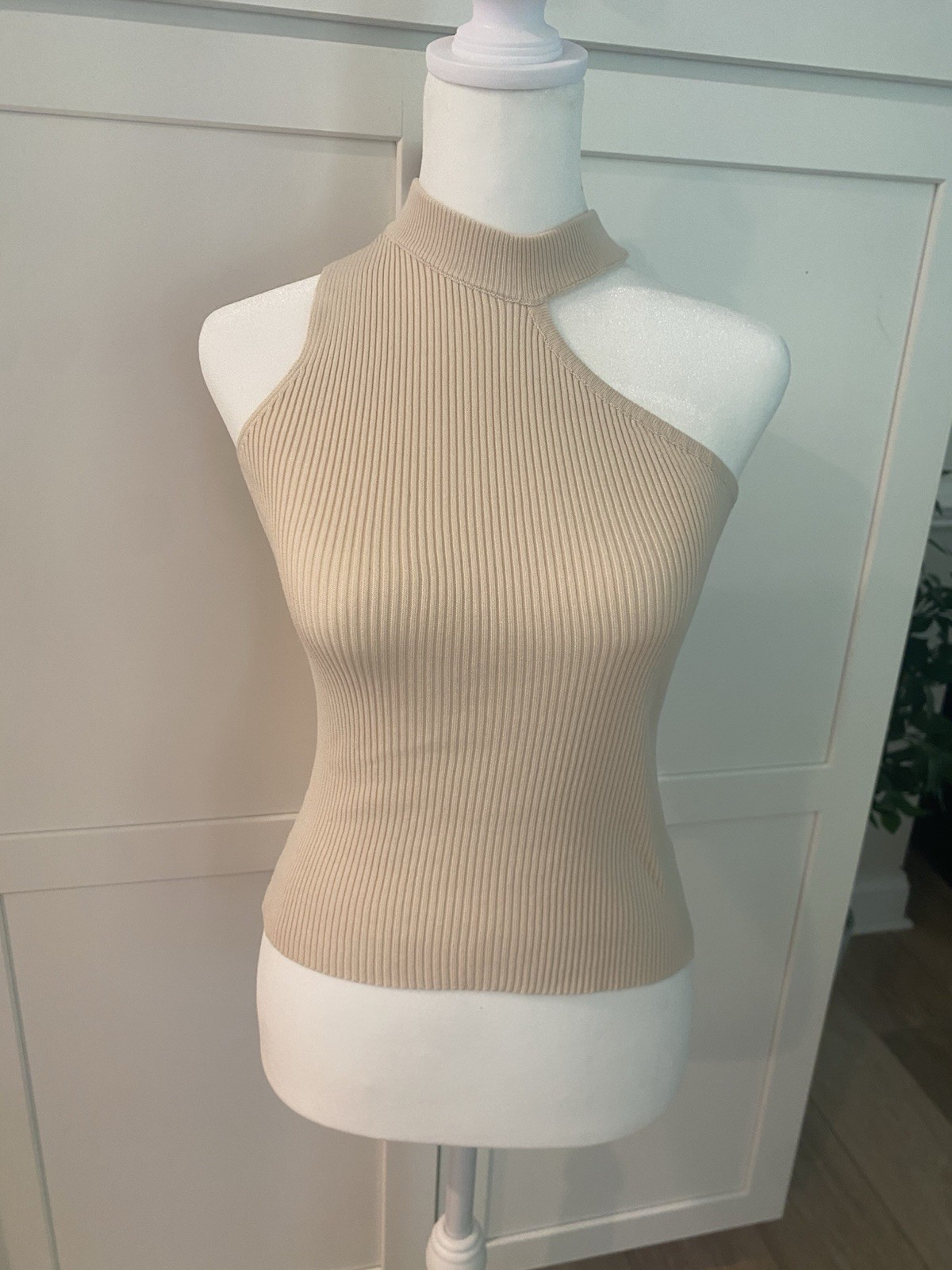 EURO/Y2K style top Beige Asymmetrical Mock Neck Sleeveless Knit Tank Top S/M