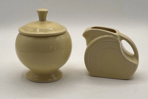 Vintage Yellow Fiestaware Set Mini Disc Pitcher Creamer Sugar Bowl Lid Fiesta