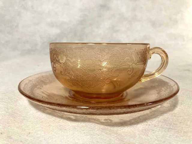 Fostoria VESPER Depression ELEGANT Glass AMBER Coffee Tea CUP SAUCER Set VINTAGE - Image 3 of 3