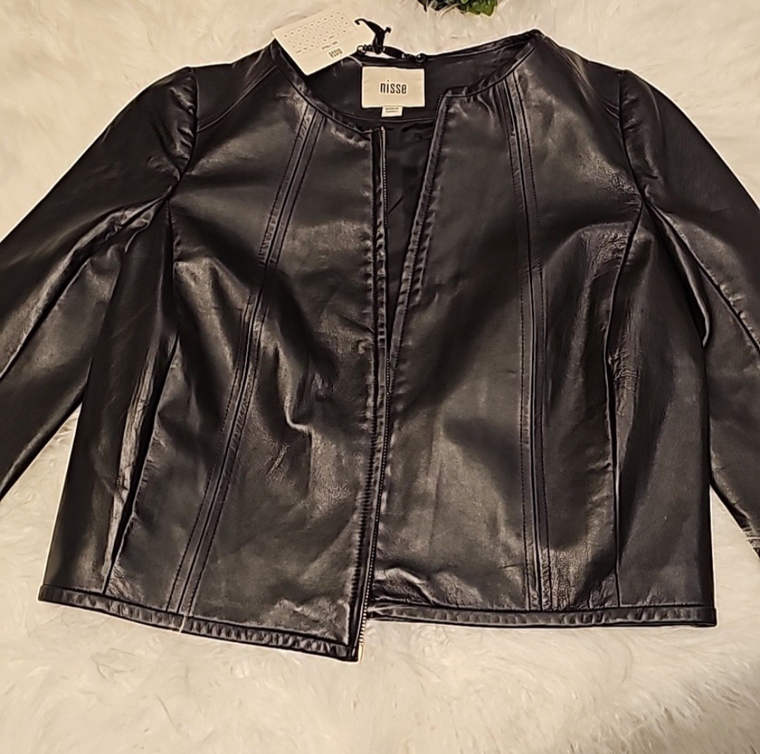 Black Leather Jacket, Round Neck, Front Zip And Pockets