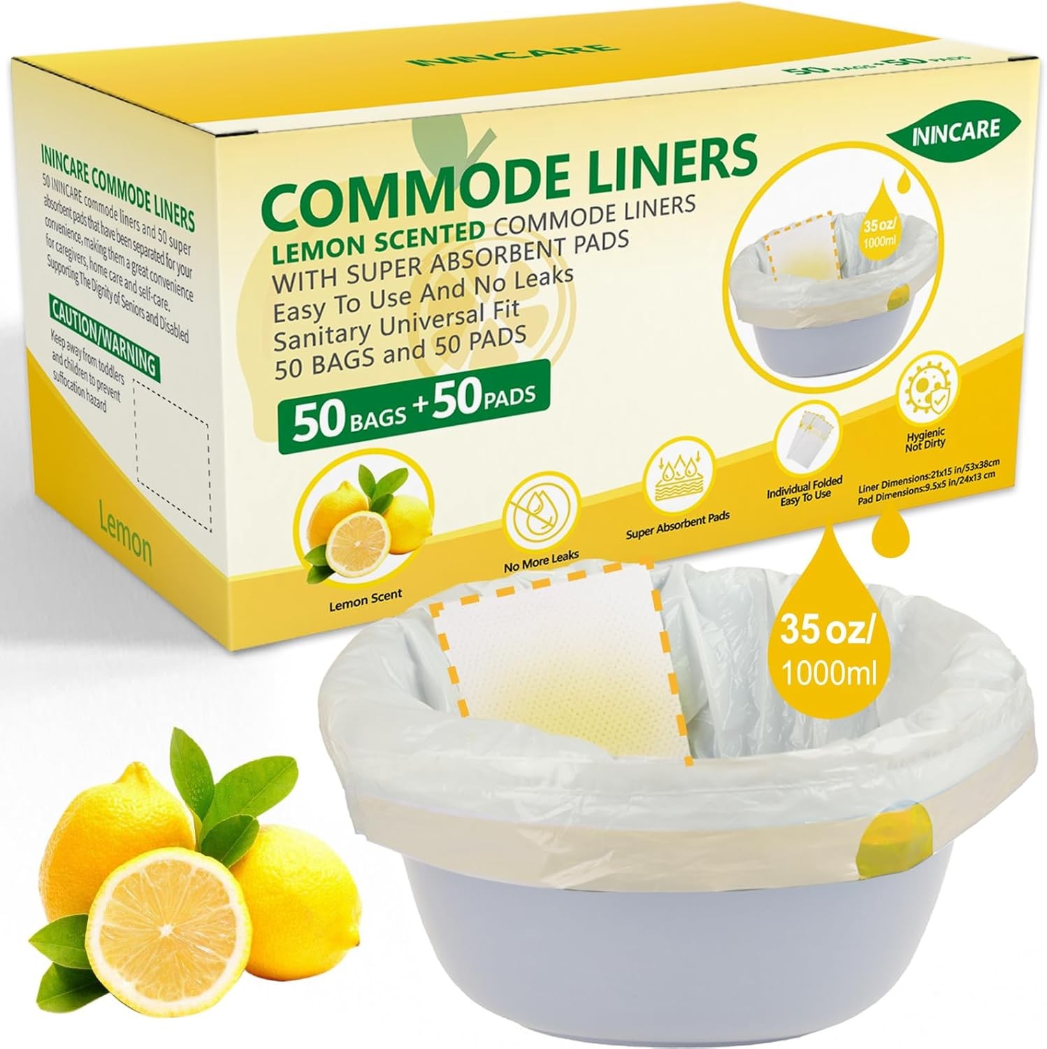 Commode Liners with Absorbent Pads for Bedside Commode, 50 Lemon Scented Bedsid