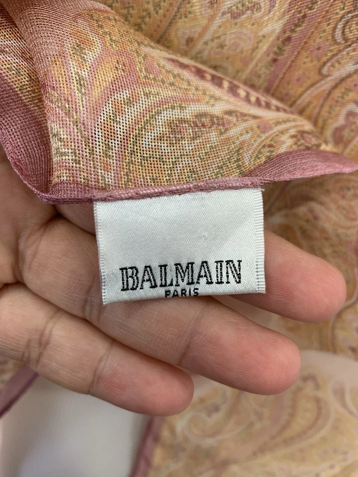 Y2#Balmain Paris Bufanda 100% Seda Rosa Estampado Paisley Transparente Ligera De Colección Foto 3 de 4
