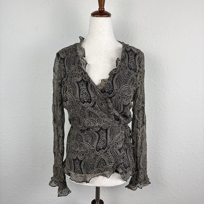 Vtg Ice Silk Blouse Size M Whimsigoth Wrap Long Sleeve Paisley Witchy Romantic
