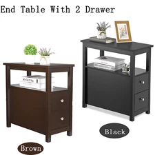 Black/Brown End Table W/ 2 Drawer & Open Shelf Narrow Side Table for Living Room