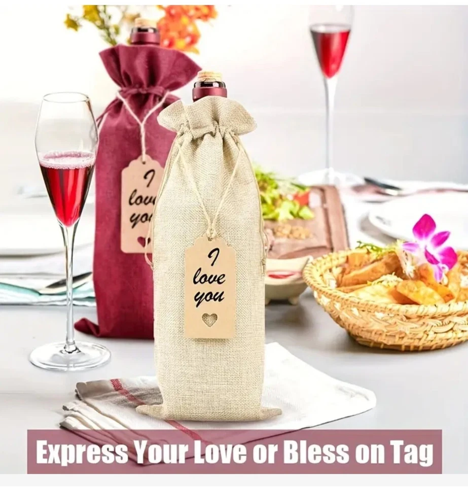 Juego de bolsas de regalo de arpillera botella de aceite de oliva de vino con cordón y etiquetas color a elección Foto 4 de 4