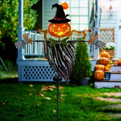 Halloween Yard Stake 48.8'' Solar Lighted Metal Pumpkin Head Witch Hat Park Lawn