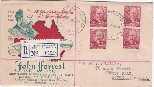 AFD4076) Australia 1949 2½d John Forrest pair x 2 on registered Wide World FDC.