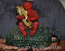 10" Chinese Pure Bronze Painting Fengshui 12 Zodiac Year Monkey Corn Statue