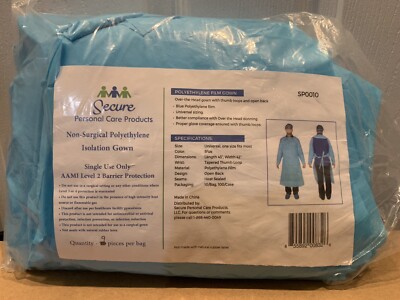 SECURE Non-Surgical Polyethylene Isolation Gown 10 Pack AAMI Level 2 Barrier