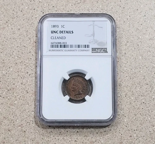 1893 1c Indian Head Penny Coin With UNC Details Cleaned NGC Slab