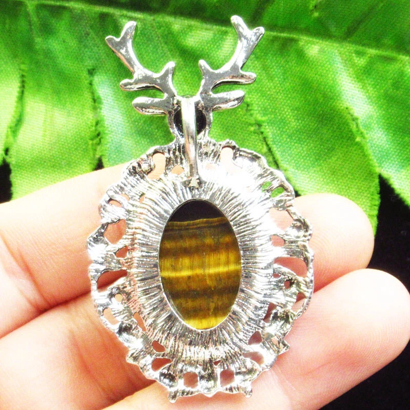 Pingente de veado manchado prata tibetana joia olho de tigre amarelo 57x33x6mm FH01989 - Imagem 2 de 3