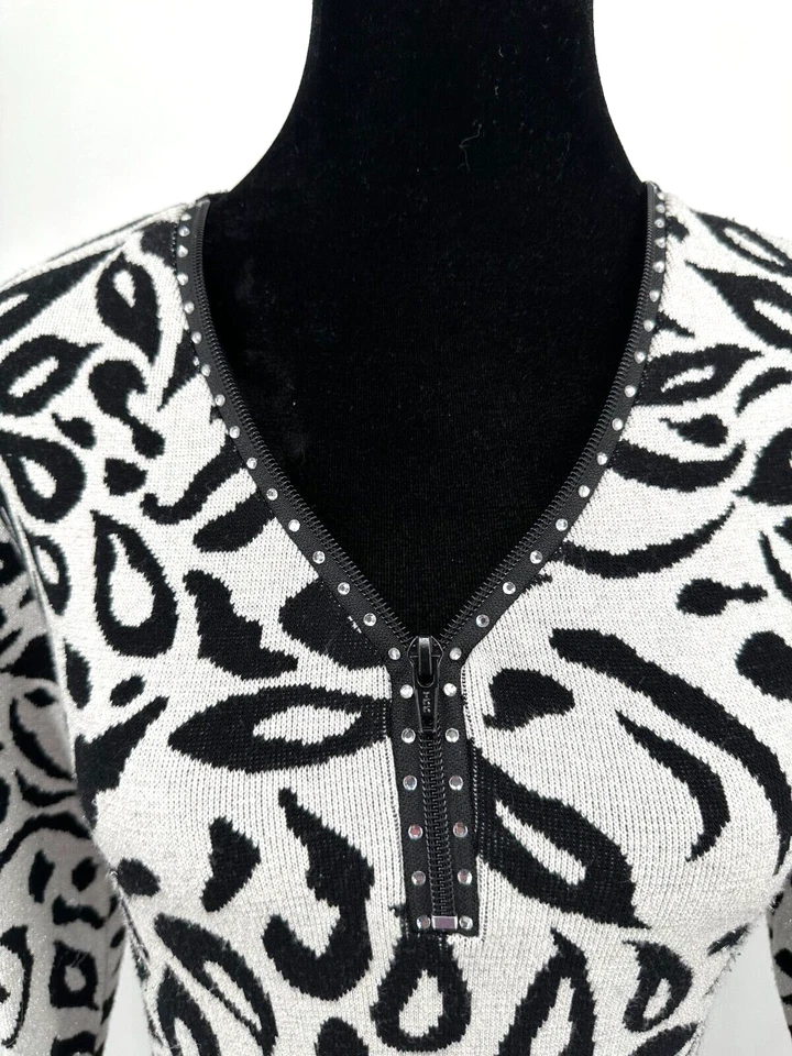 Suéter Pullover Michael Simon Mujer Mediano Plateado Metálico Estampado Animal Tejido Foto 3 de 4
